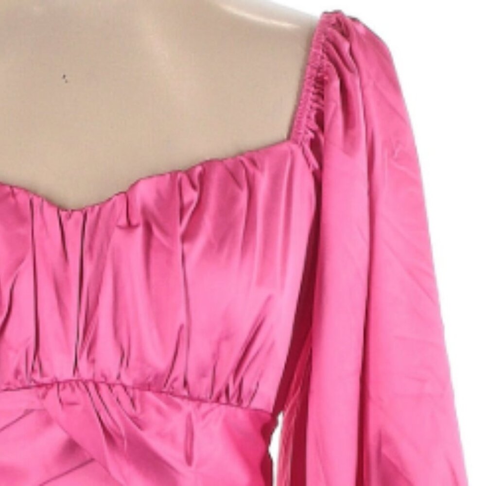 Double Crazy Hot Pink Puffed Sleeve Ruched Waist Satin Mini Dress - Size Small - Picture 3 of 8